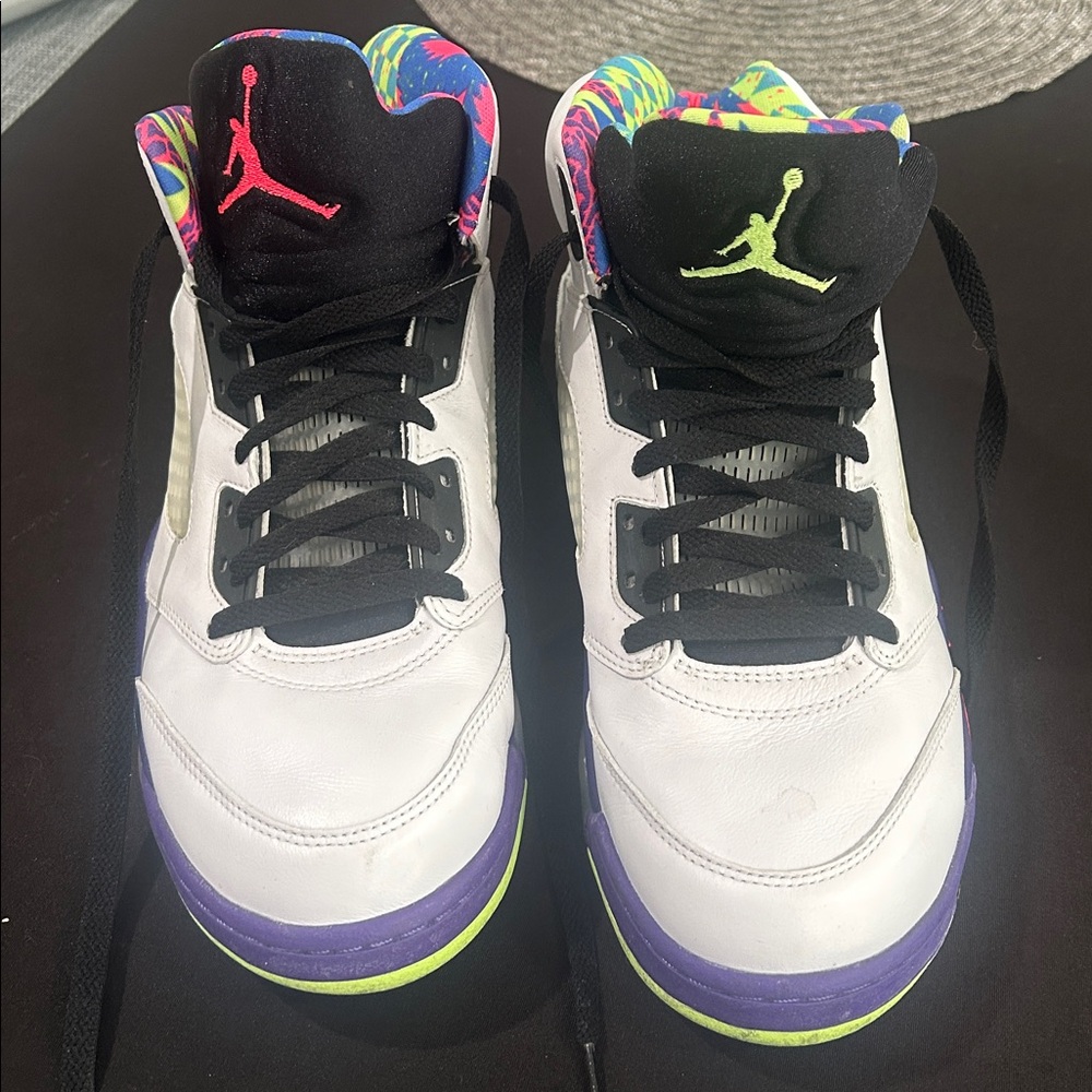 Air Jordan high top Sneakers White and Black with Purple and Neon Accents
